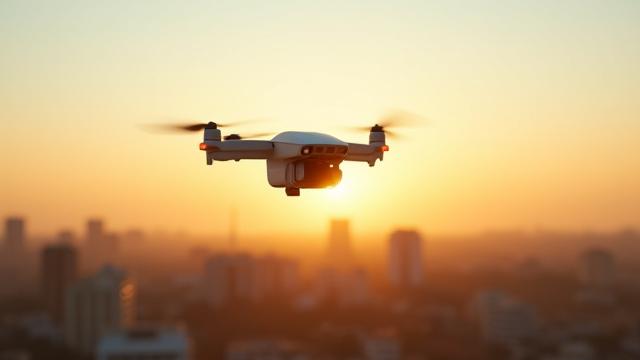 राजस्थान के शहर के क्षितिज के पार तेजी से उड़ता हुआ पैकेज डिलीवरी ड्रोन, 48 घंटे की डिलीवरी का प्रतीक है