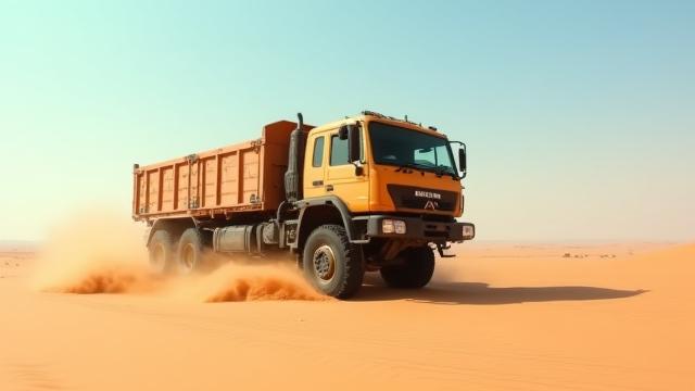 सूर्य की रोशनी में राजस्थान के रेगिस्तानी टीलों के पार सामान ले जाता हुआ एक बीहड़ ऑफ-रोड मालवाहक ट्रक, विशेष माल ढुलाई सेवाओं का प्रतिनिधित्व करता है