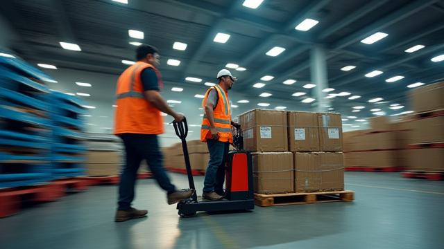 व्यस्त वेयरहाउस में श्रमिक तीव्र गति से माल को लिफ्ट ट्रक से लोड और अनलोड कर रहे हैं, जो एक्सप्रेस कार्गो हैंडलिंग को दर्शाता है