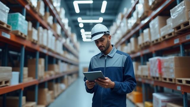 साफ सुथरे ढंग से व्यवस्थित रैक वाले एक आधुनिक गोदाम के अंदर, एक कर्मचारी टैबलेट पर स्टॉक की जांच कर रहा है