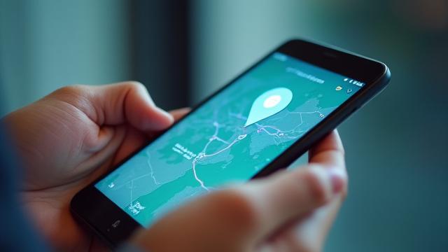 एक मोबाइल ऐप पर वास्तविक समय के शिपमेंट ट्रैकिंग इंटरफ़ेस को पकड़े हुए हाथ, जो शिपमेंट के मानचित्र पर एक मार्कर दिखा रहा है